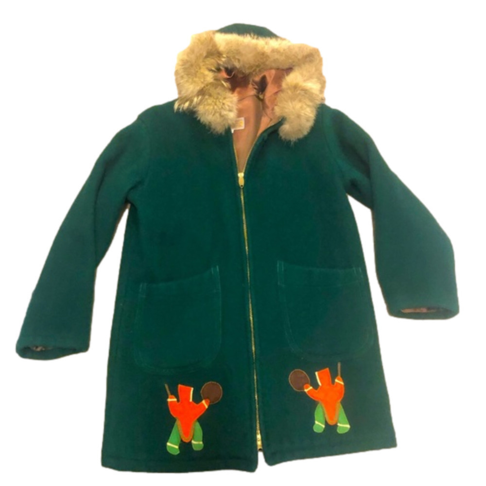 Vtg Inuvik Sewing Centre Wool & Coyote Fur Trim Hood Parka Emerald Green Sz 40
